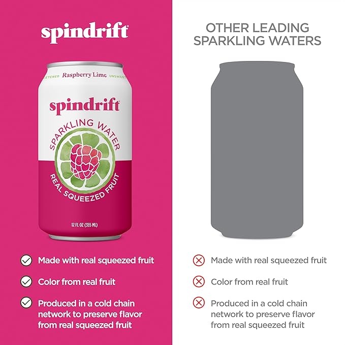 Spindrift Sparkling Water, Raspberry Lime Flavored, Made with Real Squeezed Fruit, Only 9 Calories per Can, 12 Fl Oz Cans, Pack of 24 - Bloomnest