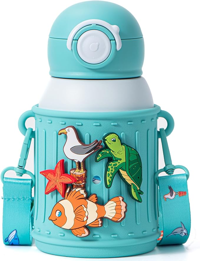 Kids Insulated Tumbler Set – 16oz Stainless Steel Water Bottle with Straw & Pour Lids, Screw-On Cup, Adjustable Strap, Silicone Sleeve & Charms – Leakproof BPA-Free Bottle for Boys & Girls - Bloomnest