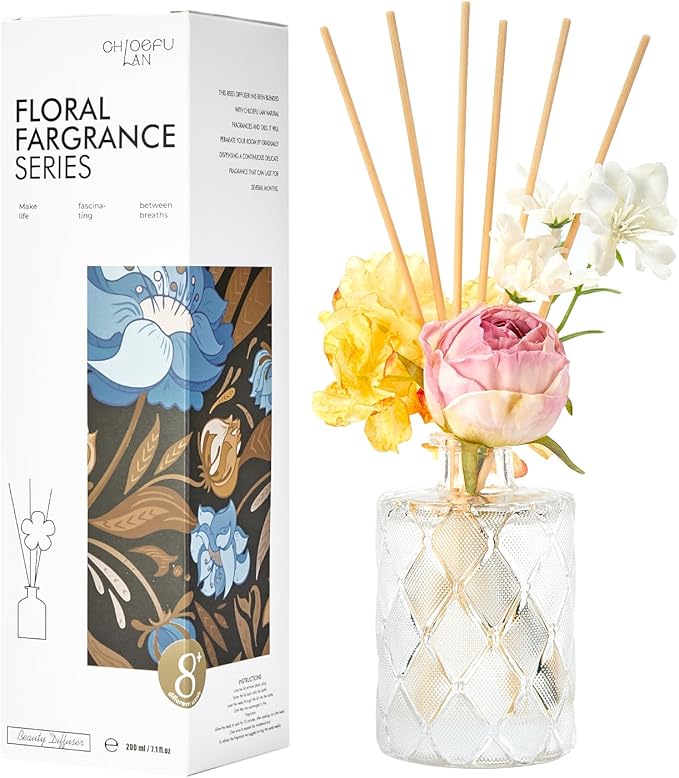 Chloefu Lan Amber Reéd diffuser, 6.7 oz Natural Essential Scented Oil, Pink Yellow and White Flowers Reéd Diffuser Sticks, Bathroom, Home & Office Decor, Preppy Room Decor, Amber Diffuser Oil Gift Set - Bloomnest