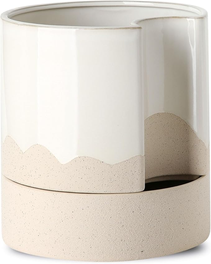 Nihow Self Watering Plant Pot: 8 Inch Ceramic Planter with Drainage Hole & Water Storage Plus for Indoor & Outdoor Plants - Cylinder Round Flower Pot for Succulent/Herbs/Violets - White & Wave Nature - Bloomnest