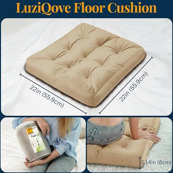 Velvet Floor Pillow Set of 2, Square Large Pillows seating for Adults, Beige Tufted Cushions for Meditation, Yoga, Tatami, Living Room, Chair, Machine-Washable & Dryer-Safe, Beige, 22x22 Inch - Bloomnest