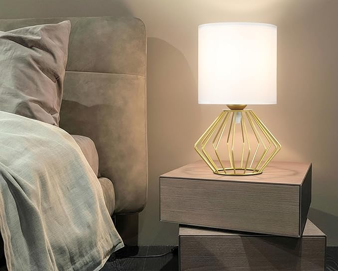 Hamilyeah Table Lamps Set of 2, Modern Bedside Lamps with White Fabric Shade, Industrial Night Stand Lamps with On/Off Switch, Gold Simple Lamp for Bedroom, Living Room - Bloomnest