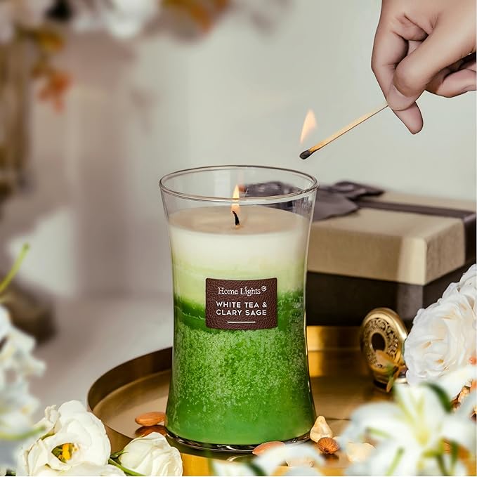 HomeLights 3-Layer Candles for Home Scented, 21.52 OZ Natural Soy Wax Scented Candles Burns Up to 100 Hours, Large Jar, White Tea & Clary Sage - Bloomnest