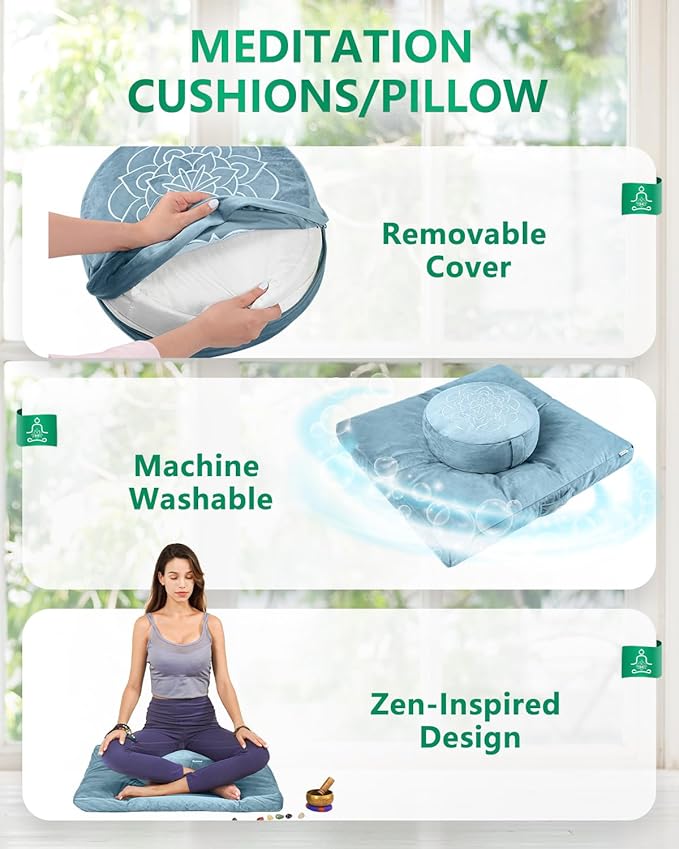 Hihealer Meditation Cushion Set Large Velvet Floor Pillow & Traditional Tibetan Yoga Bolster for Adults Zafu Meditation Mat with Buckwheat Filling - Bloomnest