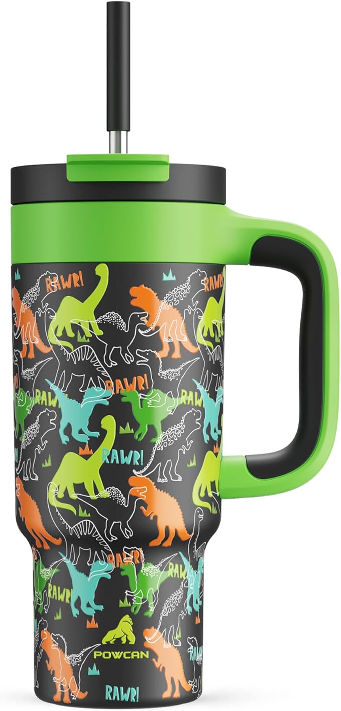 24 oz Kids Tumbler with Straw for Boys: Leakproof, Cold for 26 Hrs, Hot for 10 Hrs, Durable Handle, Insulated Stainless Steel Cup for Daycare, School, Classroom, Playtime, Birthday, Gift (Dino Rawr） - Bloomnest