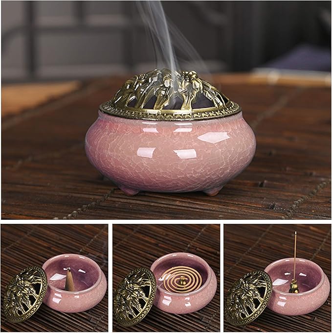 Ceramic Incense Burner with Calabash Incense Holder, 3 in 1 Stick or Cone Coil Incense Burner, Brass Lid for Yoga Spa Meditation - Bloomnest