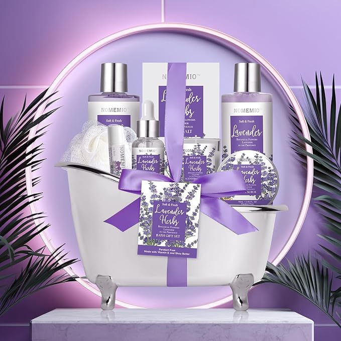 Valentine's Day Gift for Women, Spa Gift Basket for Women, 8pcs Lavender Spa Kit Set with Body Wash, Bubble Bath, Scrub, Bath & Beauty Skin Care Gift Sets, Christmas Gifts Set for Women, Her, Mom - Bloomnest