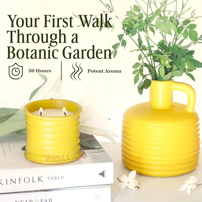 Scented Luxury Candles in Handmade Ceramic Jars, Soy Wax | Flower Bomb – Lily of The Valley & Jasmine, Large Candle | Non Toxic, 2 Wicks, Reusable Yellow Jar | Natural Spring Aromatherapy for Women - Bloomnest