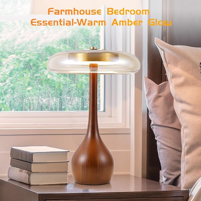 Small Table Lamp for Bedroom-Wooden Base Teardrop Mushroom Table Lamps,Amber Glass Shade,LED Three Color Temperature Adjustable Brightness Modern LED Side Table and Desk Lighting(H 12.4 in) - Bloomnest