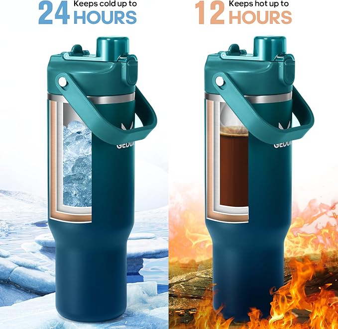 32 oz Stainless Steel Tumbler with Handle and Straw, Vacuum Insulated Water Bottle with 2-in-1 Lid (Chug/Straw) and Silicone Boot，Keeps Drinks Hot and Cold - Bloomnest