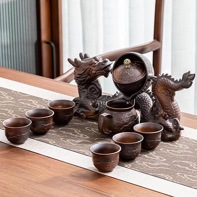 Chinese Gongfu Tea Set Gift Box, Chinese Dragon Shape, Pure Hand Firing, with 360Rotating Teapot and Infuser, Suitable for Office, Home, Gift (Dragon Legend)