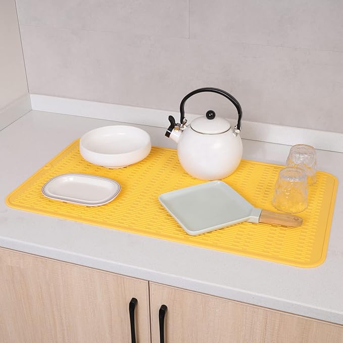 Silicone Dish Drying Mat for Multiple Usage,Easy clean,Eco-friendly,Heat-resistant Silicone Mat for Kitchen Counter or Sink,Refrigerator or Drawer Liner Yellow 4XL 32 inches x 18 inches - Bloomnest