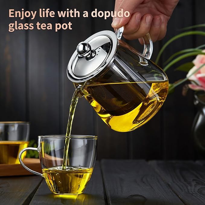 Glass Tea Pot 950ML, Borosilicate Glass Tea Kettle with Detachable Stainless Steel Infuser, Clear Teapot for Loose Leaf Tea, Blooming Tea, Tea bags 32oz - Bloomnest