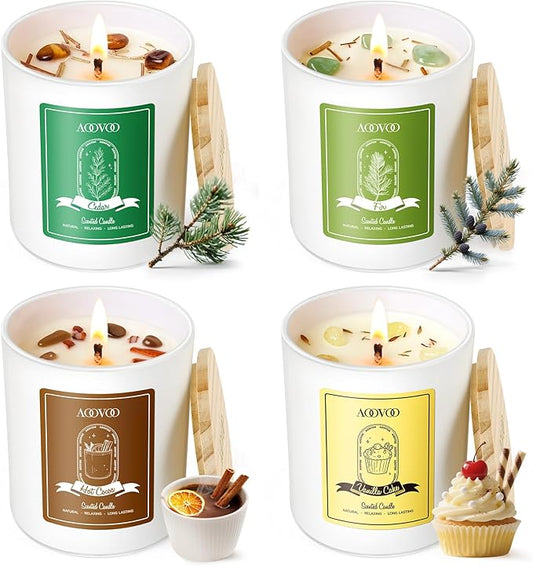 AOOVOO Winter Candles Set for Women - 4 Pack Candles for Home Scented, Aromatherapy Candle with Crystals, 28 oz 200 Hour Long Lasting Candle, Winter Fragrance of Cedar, Fir, Hot Cocoa, Vanilla Cake - Bloomnest