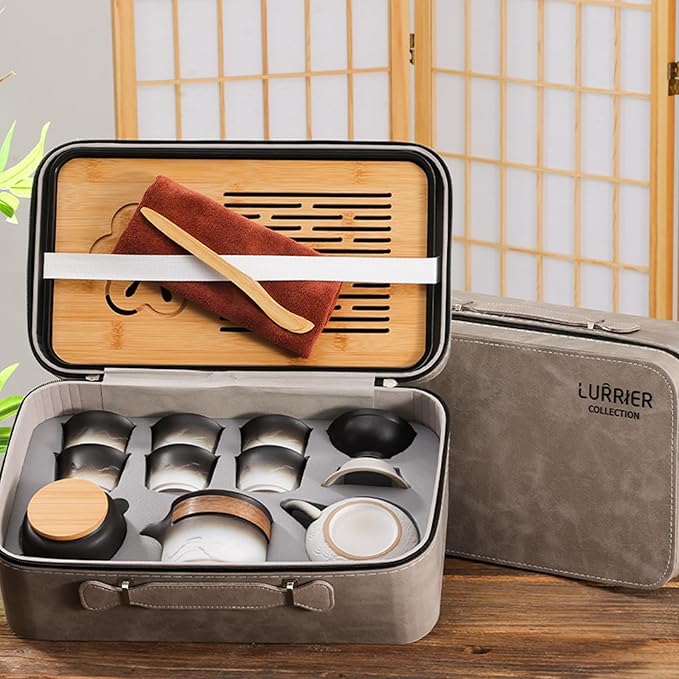 LURRIER Gongfu tea sets, Portable Ceramic TeaSet, Asian Tea sets for adult, Tea Gift sets, Grey leather case, Portable Travel Bag,Home,Gifting,Outdoor and Office(XBlack and White) - Bloomnest