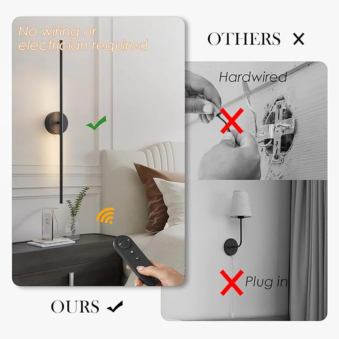 Battery Operated Wall Sconces, Dimmable Wall Sconces Set of Two, 350°Rotate, 3000K LED Black Wireless Wall Light for Living Room, Bedroom,Hallway, 40.1 Inch (2 Pack) - Bloomnest