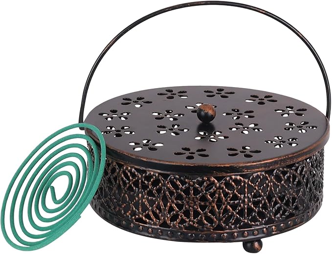 Portable Mosquito Coil Holder, hogardeck 6.3" Round Fireproof Metal Mosquito Incense Holder with Handle, Retro Hollow Incense Burner Yard Art for Lawn Garden Patio (Bronze, 1 Pack) - Bloomnest