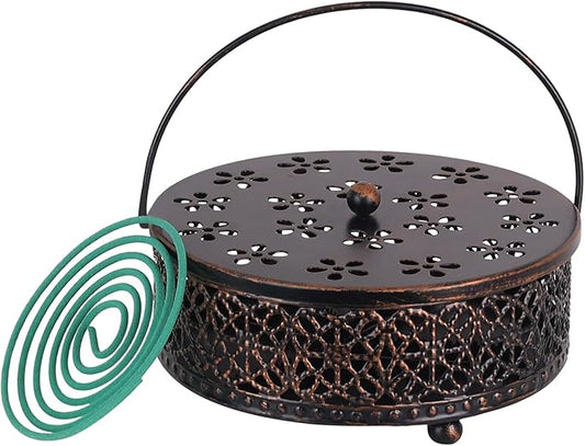 Portable Mosquito Coil Holder, hogardeck 6.3" Round Fireproof Metal Mosquito Incense Holder with Handle, Retro Hollow Incense Burner Yard Art for Lawn Garden Patio (Bronze, 1 Pack) - Bloomnest
