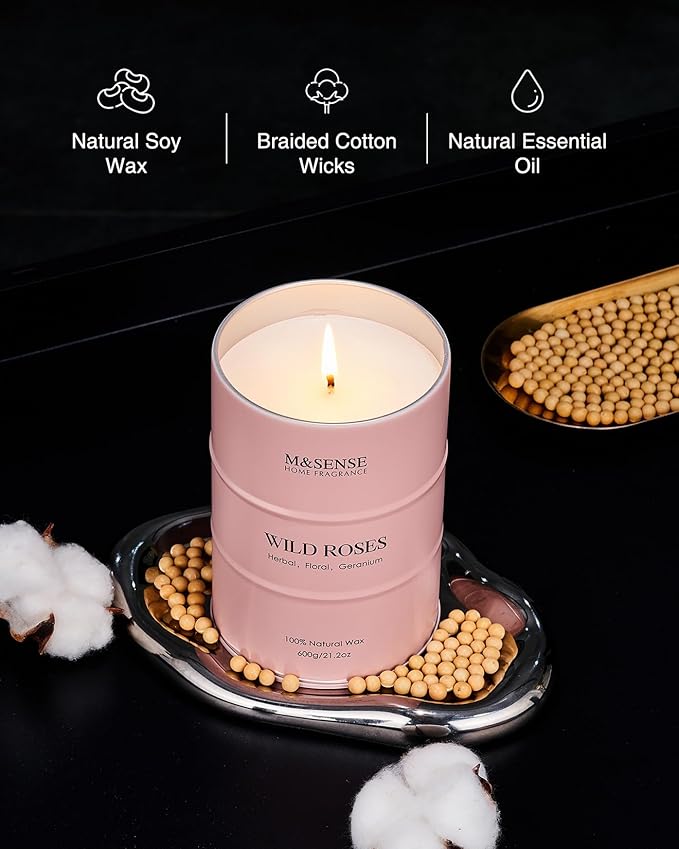M&SENSE Wild Rose Large Natural Scented Candle, 120 Hours Long Lasting Soy Candles 21.2oz, Stress Relief Luxury Aromatherapy Candles for Women, Romantic Candle Valentines Day Gifts for Her - Bloomnest