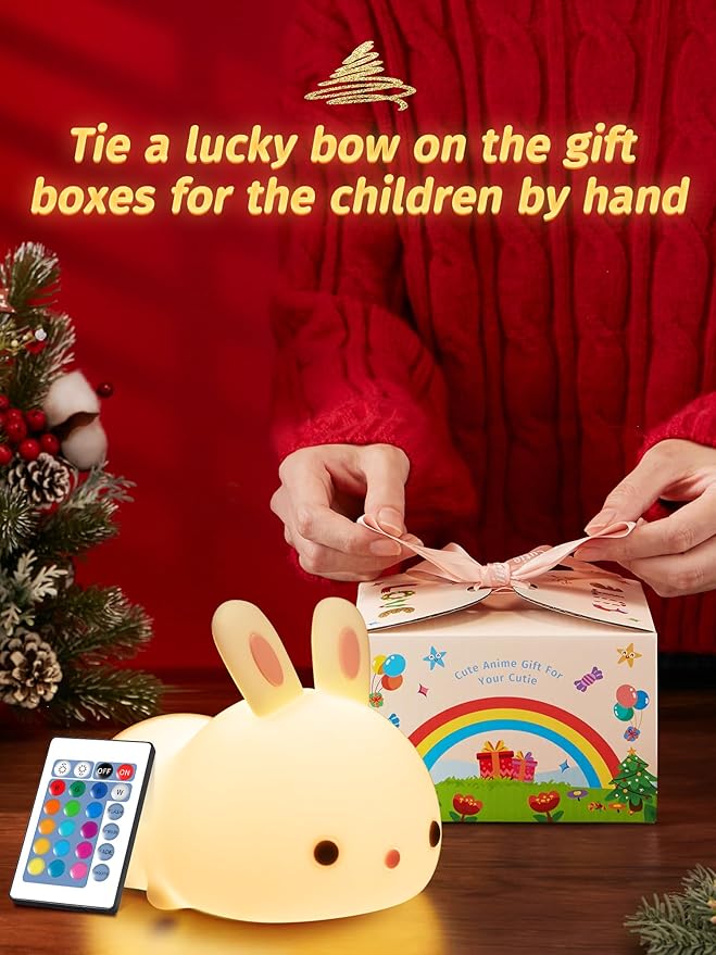 【Gifts Package】 Bunny Night Light for Kids Lamp, 16 Colors & Remote Rechargeable Kids Night Lights for Bedroom, Cute Gifts for Girls Gifts for Women - Bloomnest