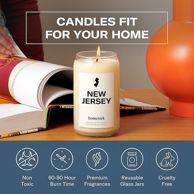 Homesick Scented Candles for Home (New Jersey) - 13.75 oz Long-Lasting Soy Wax Jar Candle for Women & Men for All Occasions, 60-80 Hours Burn Time - Notes of Candy Apple & Cranberry - Bloomnest