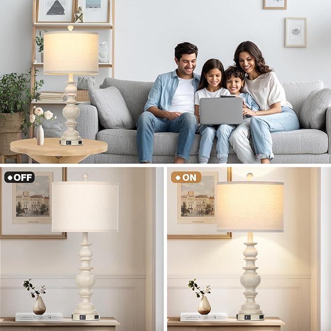 27.5" Beige Farmhouse Table Lamps for Living Room, Rustic Bedside Lamps with USB C+A Ports & AC Outlet, Vintage Bedroom Lamp Set of 2, Tradition Night Stands Lamp for Side End Table Desk - Bloomnest