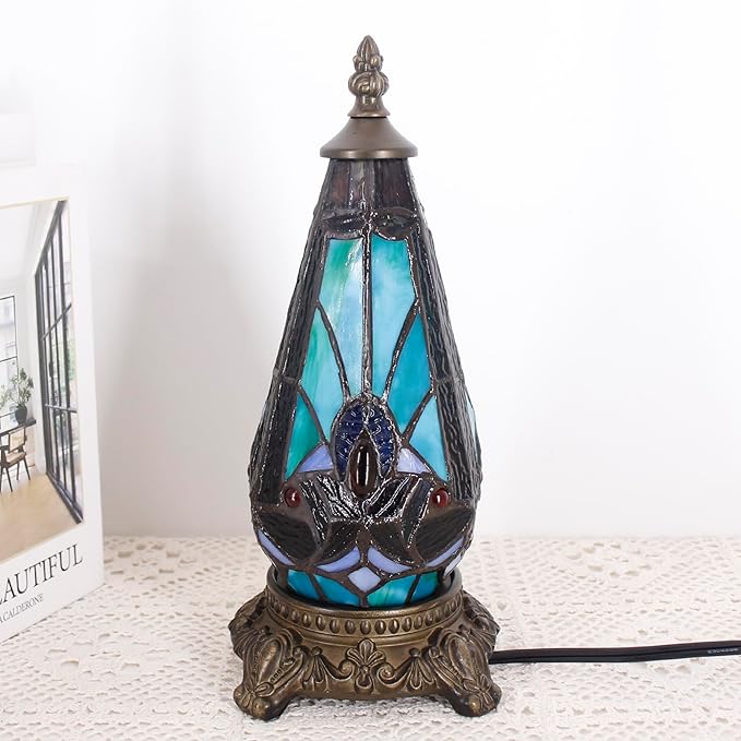 Small Tiffany Lamp Stained Glass Table Lamp 5.5X11 Inch Christmas Tree Lighthouse Mini Accent Memory Sympathy Antique Night Light for Bedroom Living Room (Green Liaison)