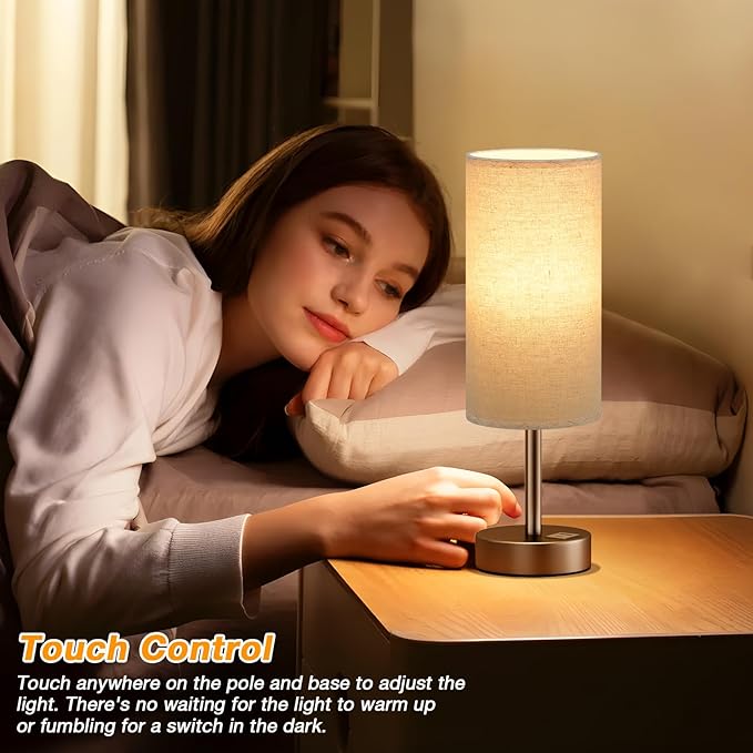 Dicoool Beige Touch Table Lamp for Bedroom - 3 Way Dimmable Bedside Lamp with USB, Nightstand Lamp with Brown Charging Station for Desk, Dorm, Office - Bloomnest