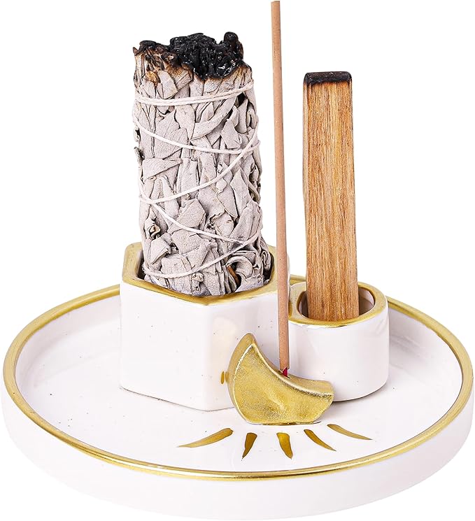 Ceramic Incense Holder Burner, Sage Holder for Burning, Palo Santo Sticks Holder, 5.51" Ash Catch Tray, Smudge Dish for Meditation Yoga, Modern Home Decor Gift - Bloomnest