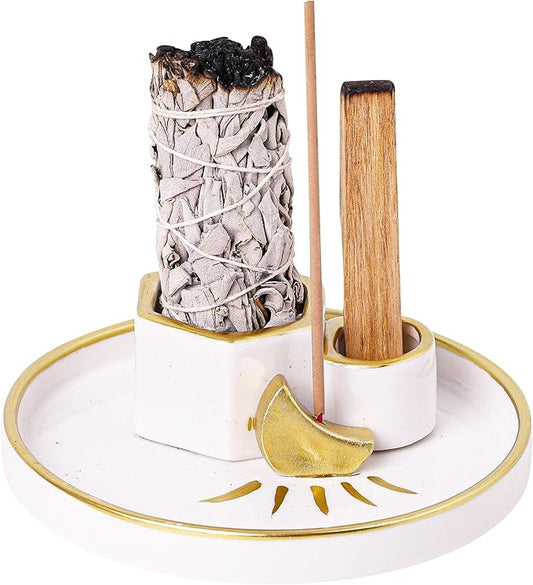 Ceramic Incense Holder Burner, Sage Holder for Burning, Palo Santo Sticks Holder, 5.51" Ash Catch Tray, Smudge Dish for Meditation Yoga, Modern Home Decor Gift - Bloomnest