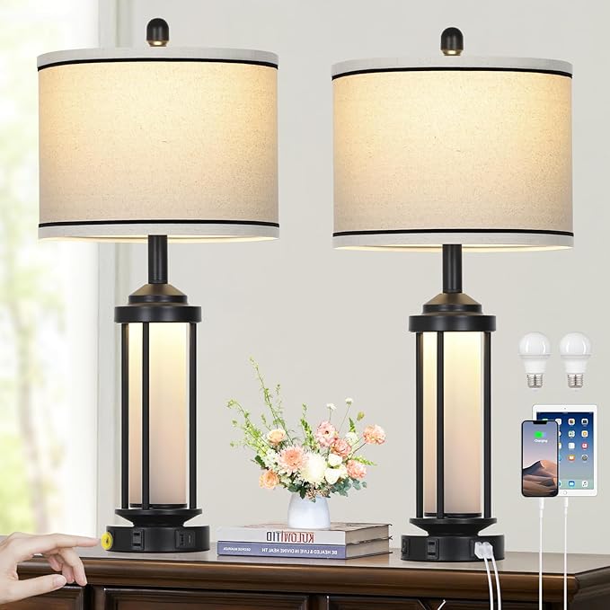 Table Lamps for Living Room Set of 2, Black Farmhouse Rustic Industrial Table Lamp with USB A+C Charging Ports & AC Outlet, 27" Modern Table Lamps with LED Night Light & Linen Fabric Lampshade - Bloomnest