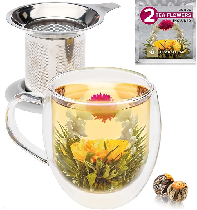 Teabloom Stay-Hot Heatproof Glass Mug with Loose Tea Infuser and Lid – 15 oz /430 mL – 2 Blooming Teas Included - Bloomnest