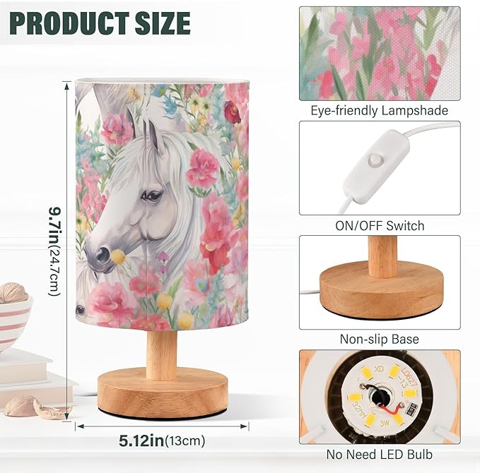 Bedside Lamp White Horse Pink Flower Table Lamp with USB Port Wood Base for Living, 5.12x9.7in/13x24.7cm, 214B3018 - Bloomnest