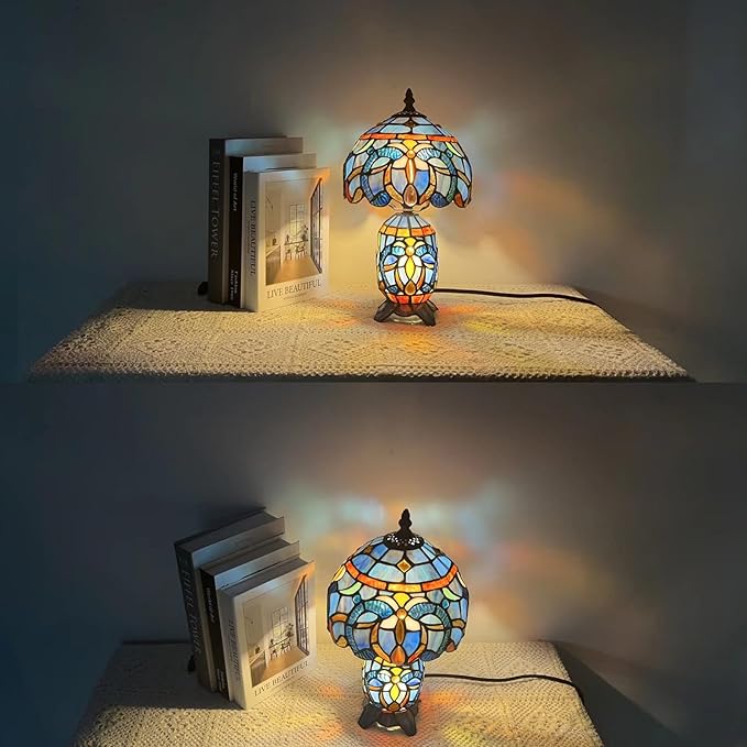 Small Tiffany Lamp Stained Glass Table Lamp Mini Mother Daughter Vase Desk Accent Night Light for Bedroom Bedside Reading Home Antique Style 8X14 Inches (Blue Purple) - Bloomnest