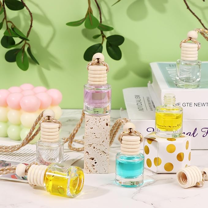 50Pcs Hanging Car Air Freshener Diffuser with Wooden Caps 8ML Empty Clear Car Diffuser Bottles Hanging Glass Essential Diffuser Oil Fragrance Perfume Pendant Glass Vial,Cylindrical - Bloomnest