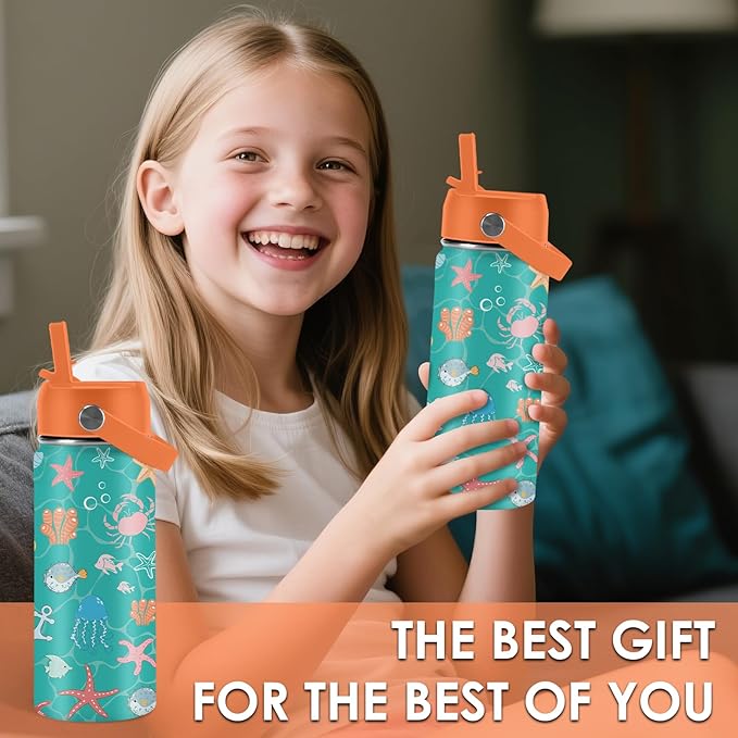Ocean Gifts for Kids - 16 Oz Green Water Bottle with Straw Lid, Stainless Steel Insulated Tumbler, Leak Proof, BPA-Free, for Girls & Boys, School, Beach - Marine Life Lovers Birthday Gifts (1pc) - Bloomnest
