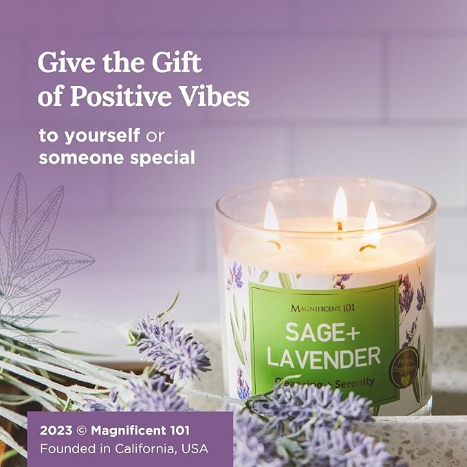MAGNIFICENT 101 Long Lasting Lavender Sage Scented Smudge Candle - 14 oz - 56 Hour Burn Time - Natural Soy Wax Candle for House Energy Cleansing & Manifestation Magnificent101