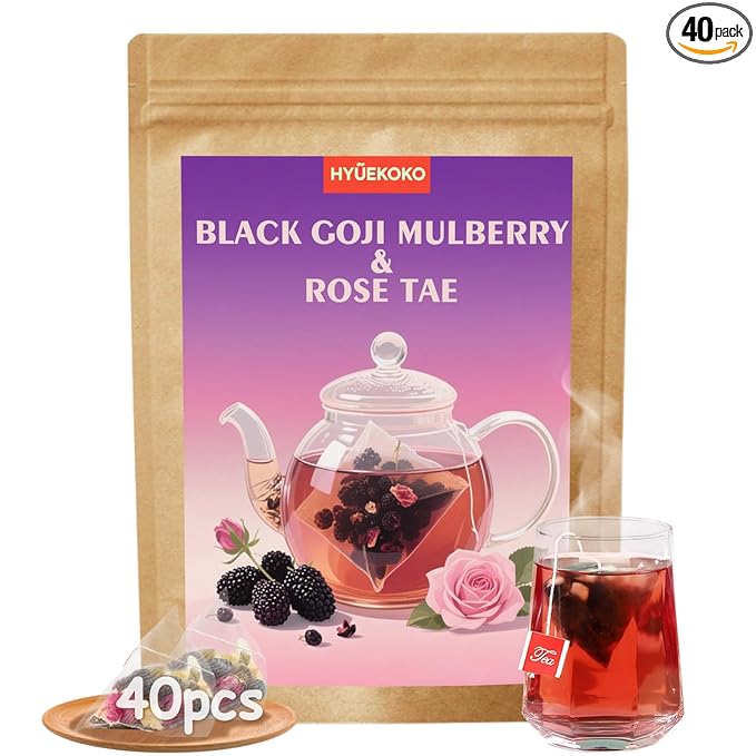 40 Bags Black Goji Mulberry & Rose Tea, Natural Ingredients Chinese Herbal Tea Bags, No Additives, Caffeine-Free Plant-Based Tea Sachets - Bloomnest