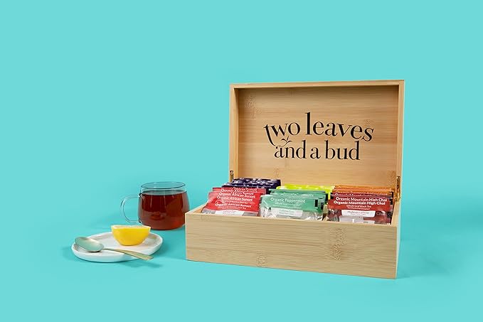 Two Leaves and a Bud Organic Tea Sampler in 6-Slot Bamboo Presentation Box - Filled Gift Box with Tea Assortment of Green, Black, and Herbal Teas - Bloomnest