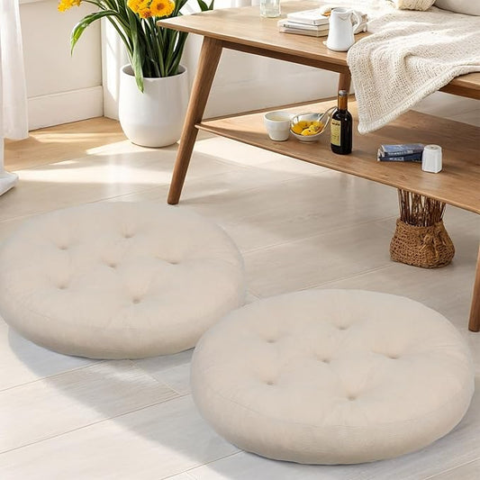 Meditation Floor Pillow Set of 2, Round Large Pillows Seating for Adults, Tufted Corduroy Cushion for Tatami Living Room, 22x22 Inch FP-Beige-R