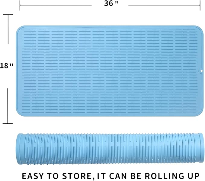 Silicone Dish Drying Mat for Multiple Usage,Easy clean,Eco-friendly,Heat-resistant Silicone Mat for Kitchen Counter or Sink,Refrigerator or Drawer Liner Light Blue 5XL 36inches x 18inches - Bloomnest