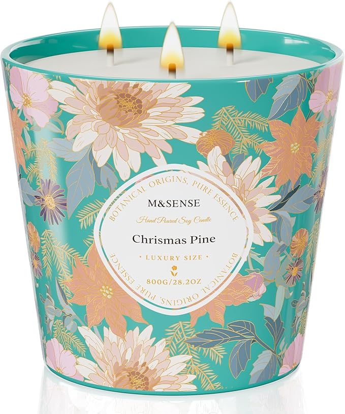 M&SENSE Christmas Pine Scented Candle, 28.2oz 3 Wick Natural Soy Wax Large Candles, Long Lasting Clean Slow Burning No Toxic Décor for Christmas, Romantic Dates & Gift-Giving - Bloomnest