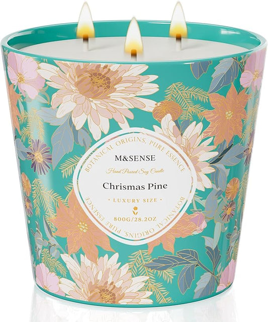 M&SENSE Christmas Pine Scented Candle, 28.2oz 3 Wick Natural Soy Wax Large Candles, Long Lasting Clean Slow Burning No Toxic Décor for Christmas, Romantic Dates & Gift-Giving - Bloomnest
