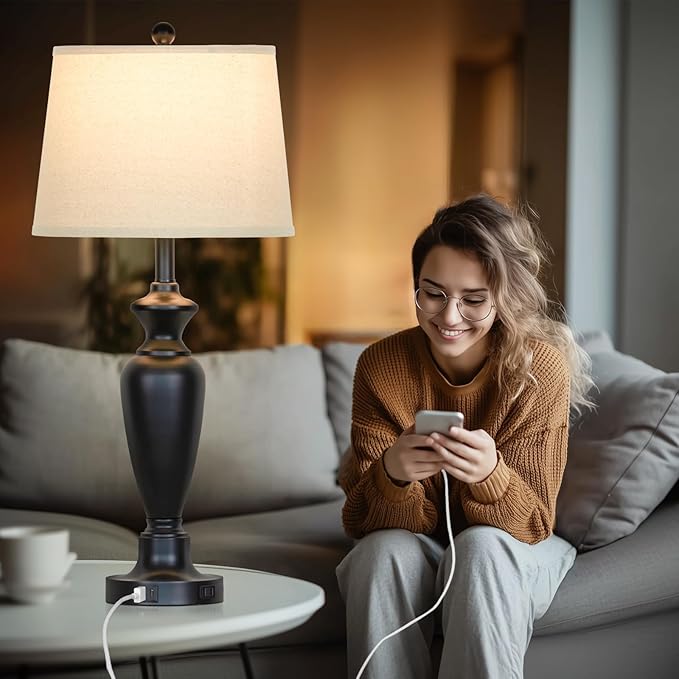 30" Tall Table Lamps Set of 2, Touch Control Bedside Lamp with USB A+C Ports and AC Outlet, 3-Way Dimmable Modern Metal Nightstand Lamp for Bedroom Living Room, 2 LED Bulbs Included, Black - Bloomnest
