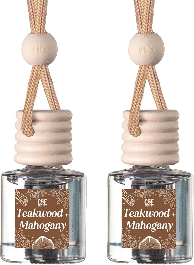 C&E Craft Co Hanging Car Air Freshener Diffuser 2 Pack, Long Lasting Fragrance Oil Car Freshener, Glass Bottle Auto Air Freshener, Made in USA (Teakwood + Mahogany) - Bloomnest