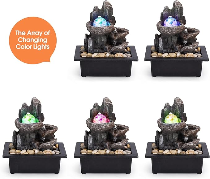 Tabletop Fountain Rotating Ball Rock Waterfall Fountain Office Tabletop Fountains for Home Office Decor Includes Many Natural River Rocks Decorated with Colorful Lights and Rolling Ball - Bloomnest