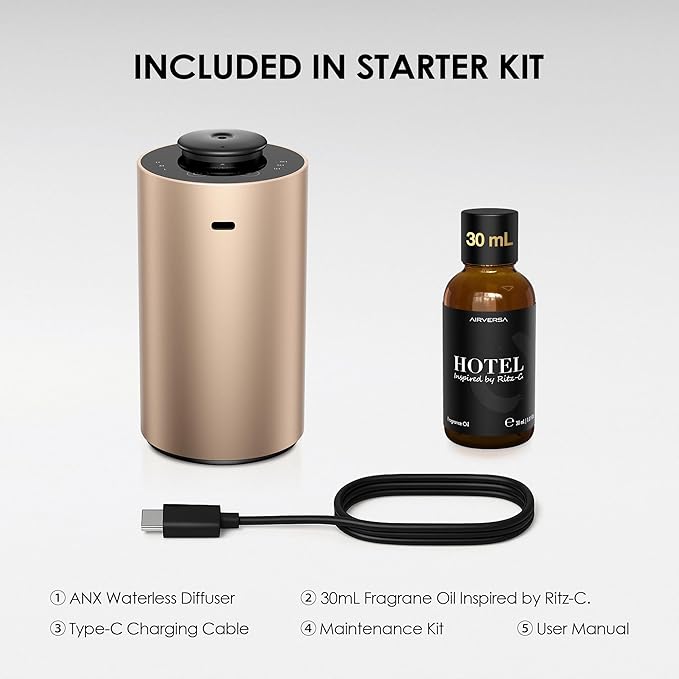 Waterless Essential Oil Diffuser Starter Kit with 30mL Hotel Scent Fragrance Oil Inspired by Ritz-C., Battery Operated Premium Portable Mini Scent Air Machine for Home Car Office, Desert Titanium ANX - Bloomnest