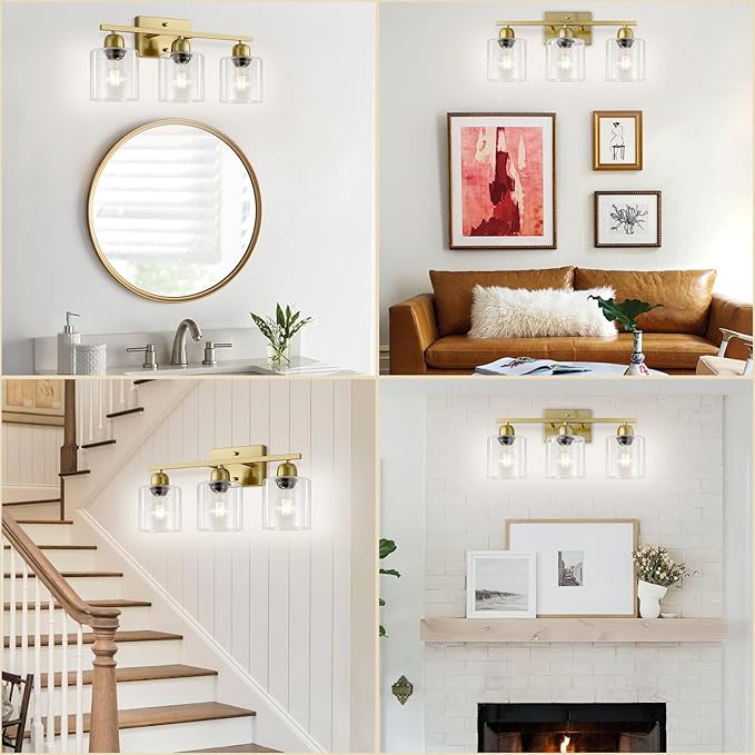 Modern Brushed Gold 3 Light Bathroom Light Fixtures, 19 inch Vanity Lights for Bathroom with Clear Glass for Mirror Kitchen Living Room Hallway Cabinet Porch - Bloomnest