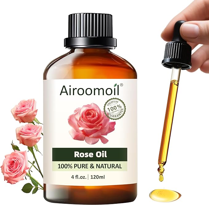 Rose Essential Oil 4 fl oz, 100% Natural Rose Oil for Diffuser, Humidifier, DIY, Aromatherapy, Potpourri, Soft-to-Medium Floral Aroma, Large Value Bottle for Home Fragrance & Crafts Airoomoil