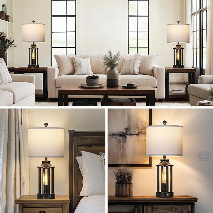 Farmhouse Table Lamps Set of 2, Vintage Living Room Lamps with 2 USB Ports, 3 Way Dimmable Touch Control Bedroom Lamp with 2 LED Nightlight, 23.5" Bedside Lamp for Nightstand Side End Table, Bronze - Bloomnest